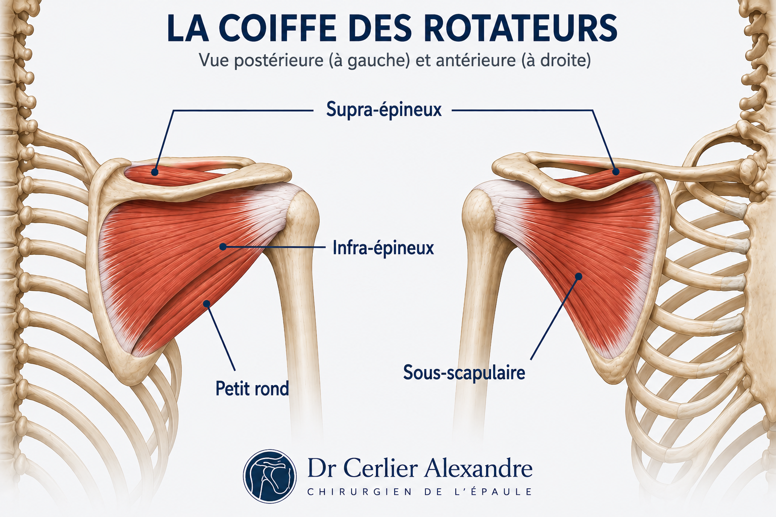 Schéma anatomique de la coiffe des rotateurs (supra-épineux, infra-épineux, petit rond, sous-scapulaire) - Dr Cerlier, chirurgien de l'épaule à Marseille